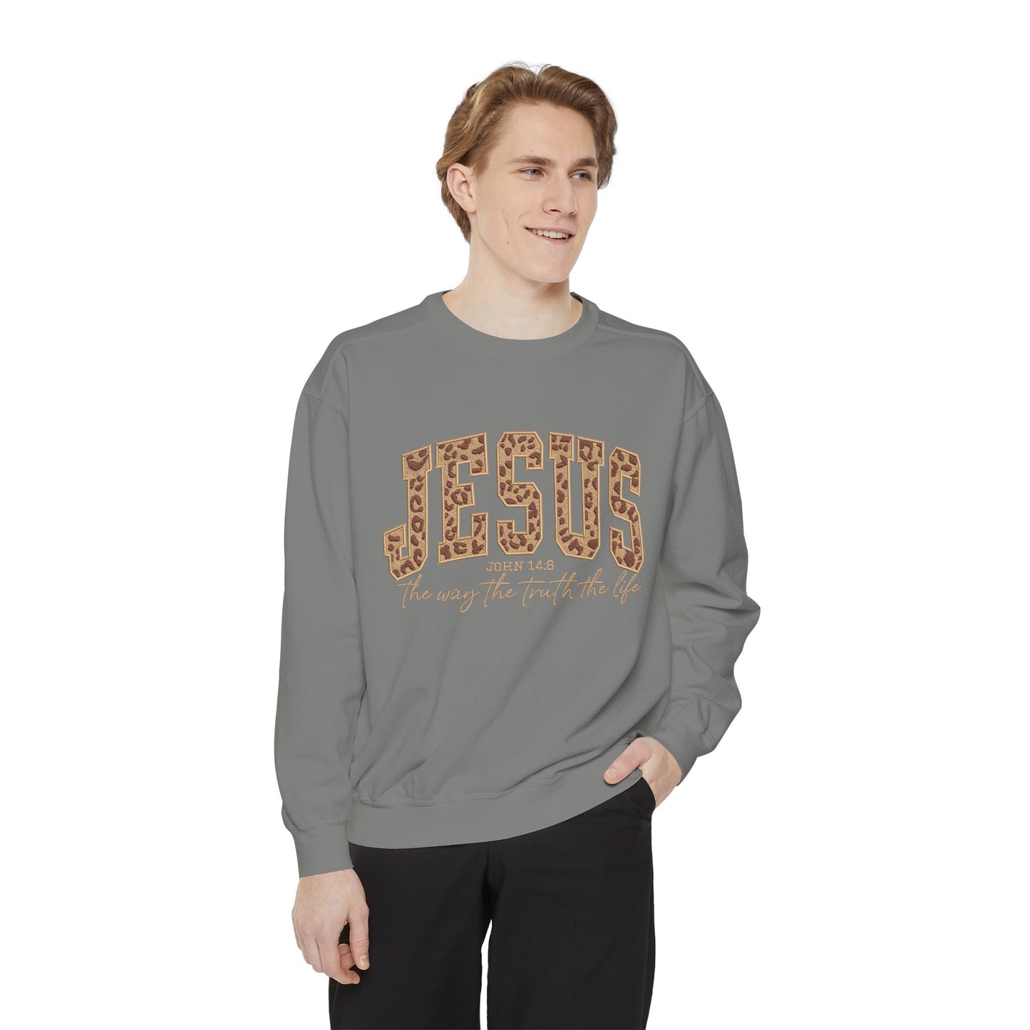 Jesus Leopard Print Sweatshirt — "Jesus: The Way, The Truth, The Life" Christian Crewneck
