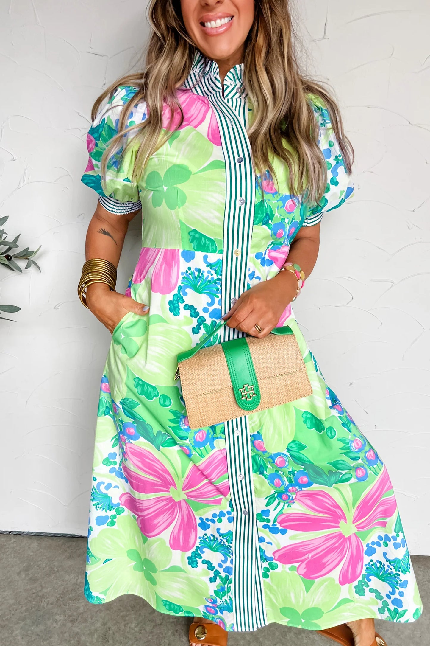 Green Stripe Floral Print Striped Trim Button Down Short Sleeve Vacation Dress