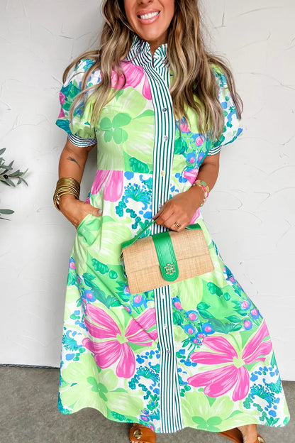 Green Stripe Floral Print Striped Trim Button Down Short Sleeve Vacation Dress