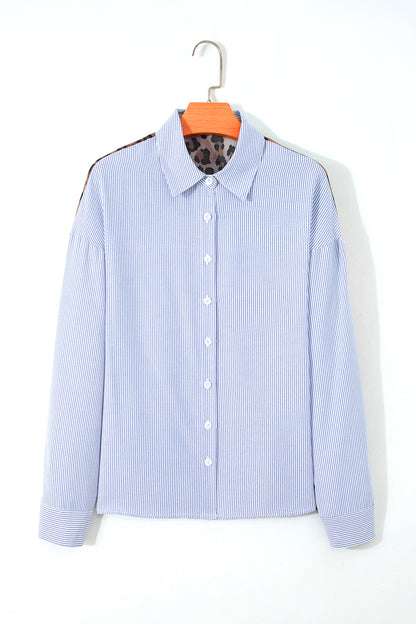 Sky Blue Stripe Contrasted Varsity Stripe Leopard Patchwork Button Down Shirt