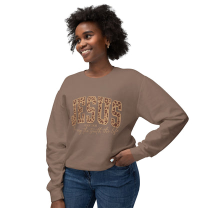 Jesus Leopard Print Crewneck Sweatshirt – Faith-Inspired Graphic Pullover