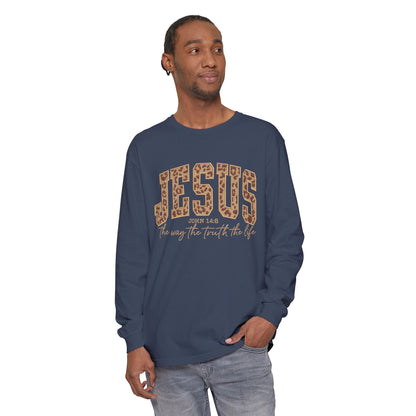 Jesus Leopard Print Long Sleeve Tee — "The Way The Truth The Life" Faith Shirt