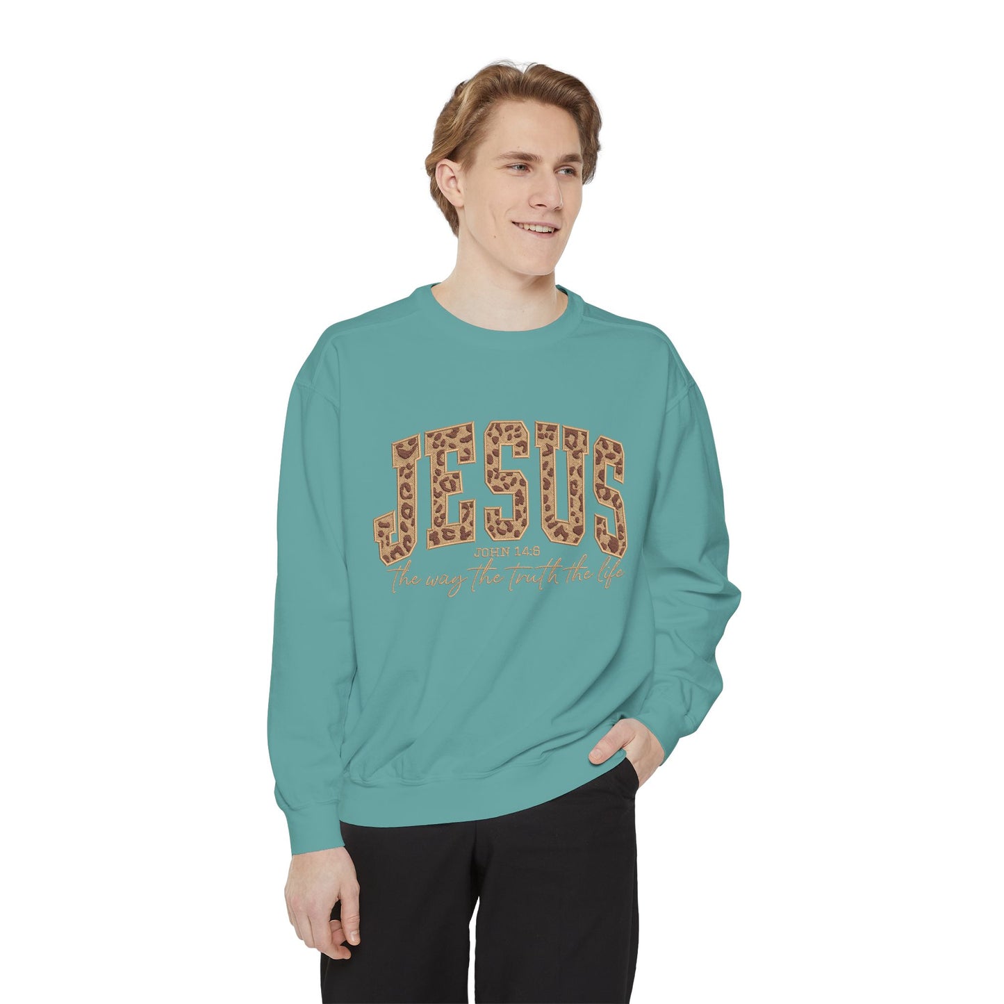 Jesus Leopard Print Sweatshirt — "Jesus: The Way, The Truth, The Life" Christian Crewneck
