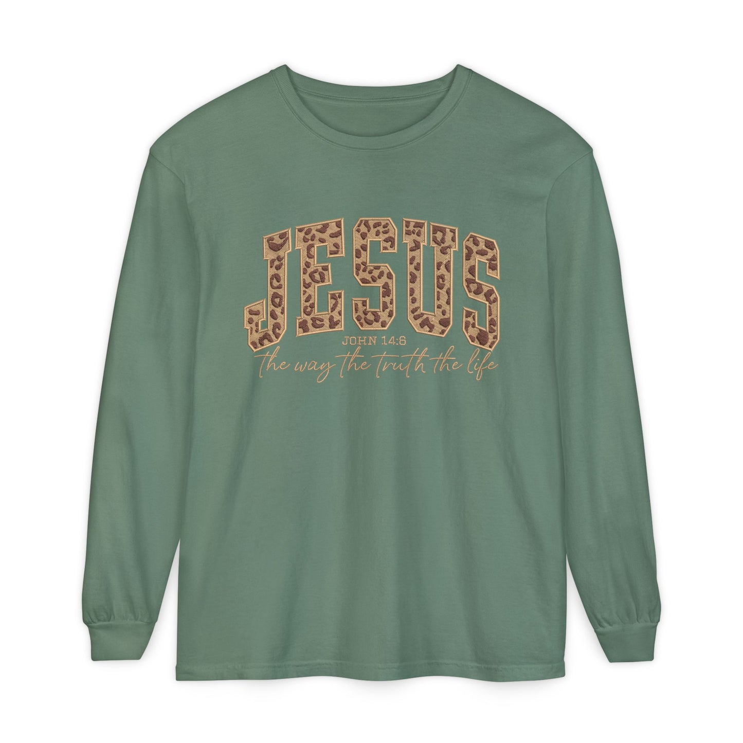 Jesus Leopard Print Long Sleeve Tee — "The Way The Truth The Life" Faith Shirt