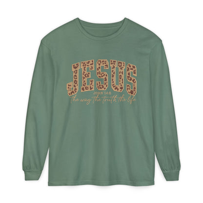 Jesus Leopard Print Long Sleeve Tee — "The Way The Truth The Life" Faith Shirt