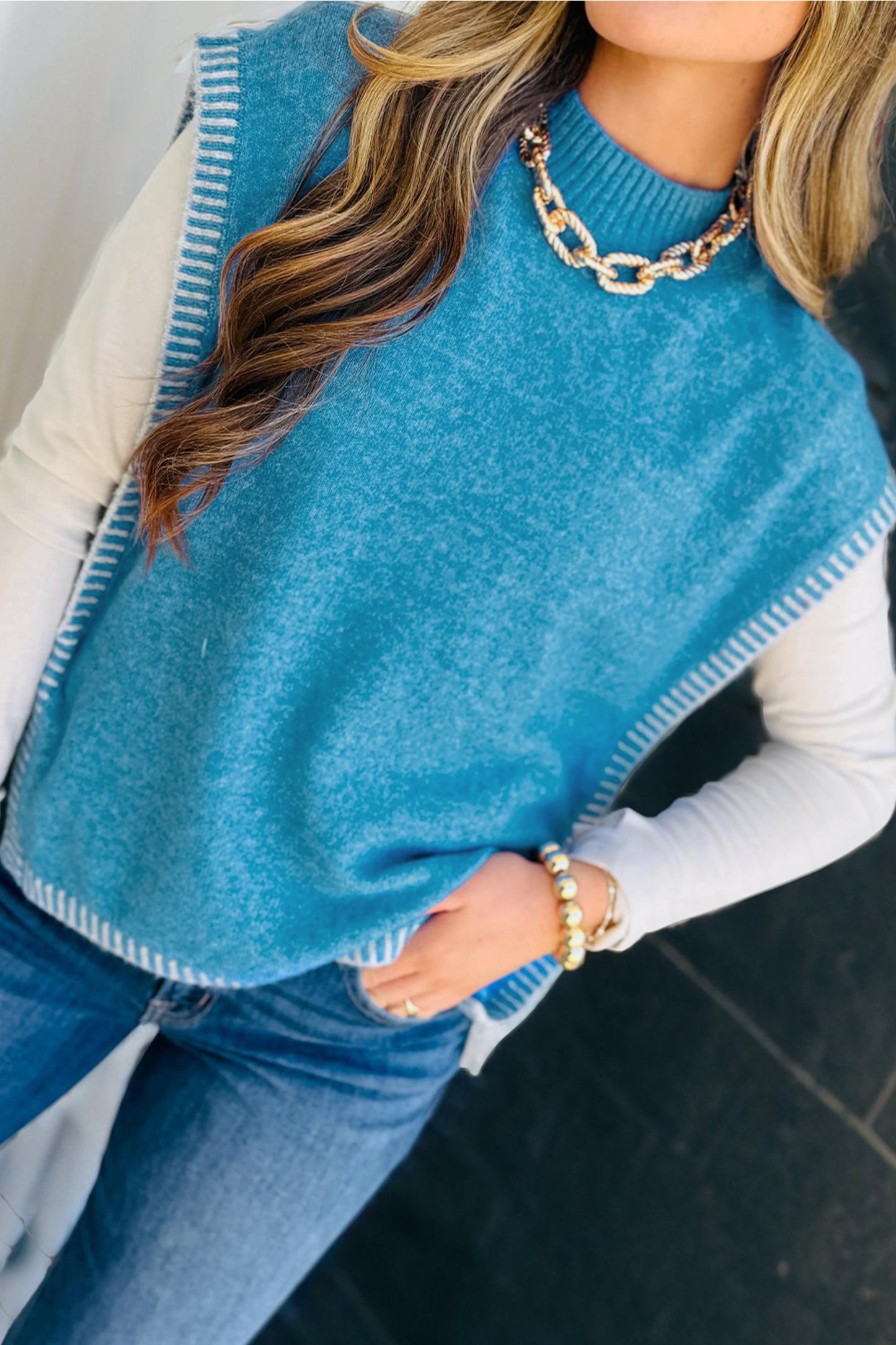 Blue Contrast Stitch Trim Knot Side Mock Neck Sweater Vest