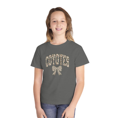 Youth Tee — 'Coyotes' Camo Print Cheer Shirt with Bow