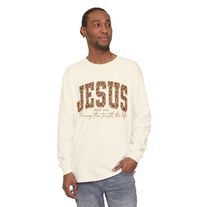 Jesus Leopard Print Long Sleeve Tee — "The Way The Truth The Life" Faith Shirt