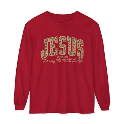 Jesus Leopard Print Long Sleeve Tee — "The Way The Truth The Life" Faith Shirt