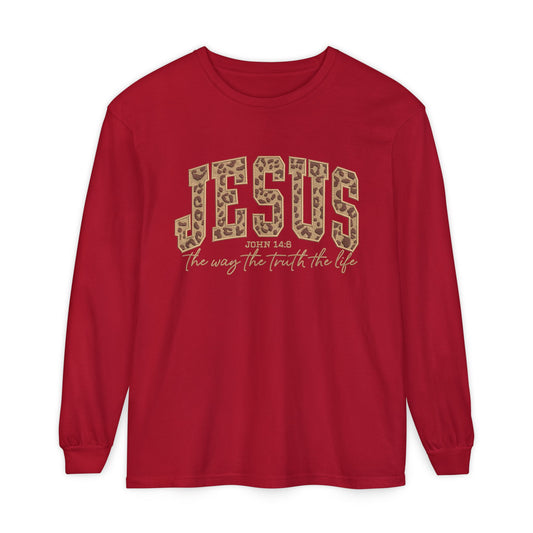 Jesus Leopard Print Long Sleeve Tee — "The Way The Truth The Life" Faith Shirt