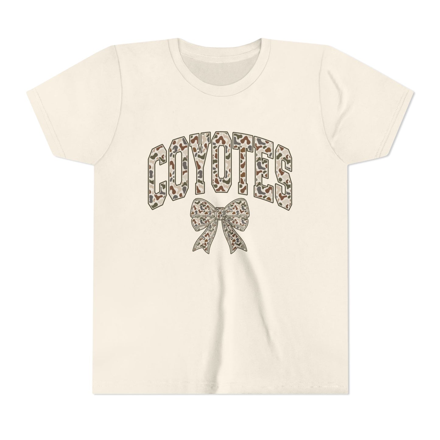 Youth Coyotes CAMO Print Tee with Bow — Girls' School Spirit Shirt