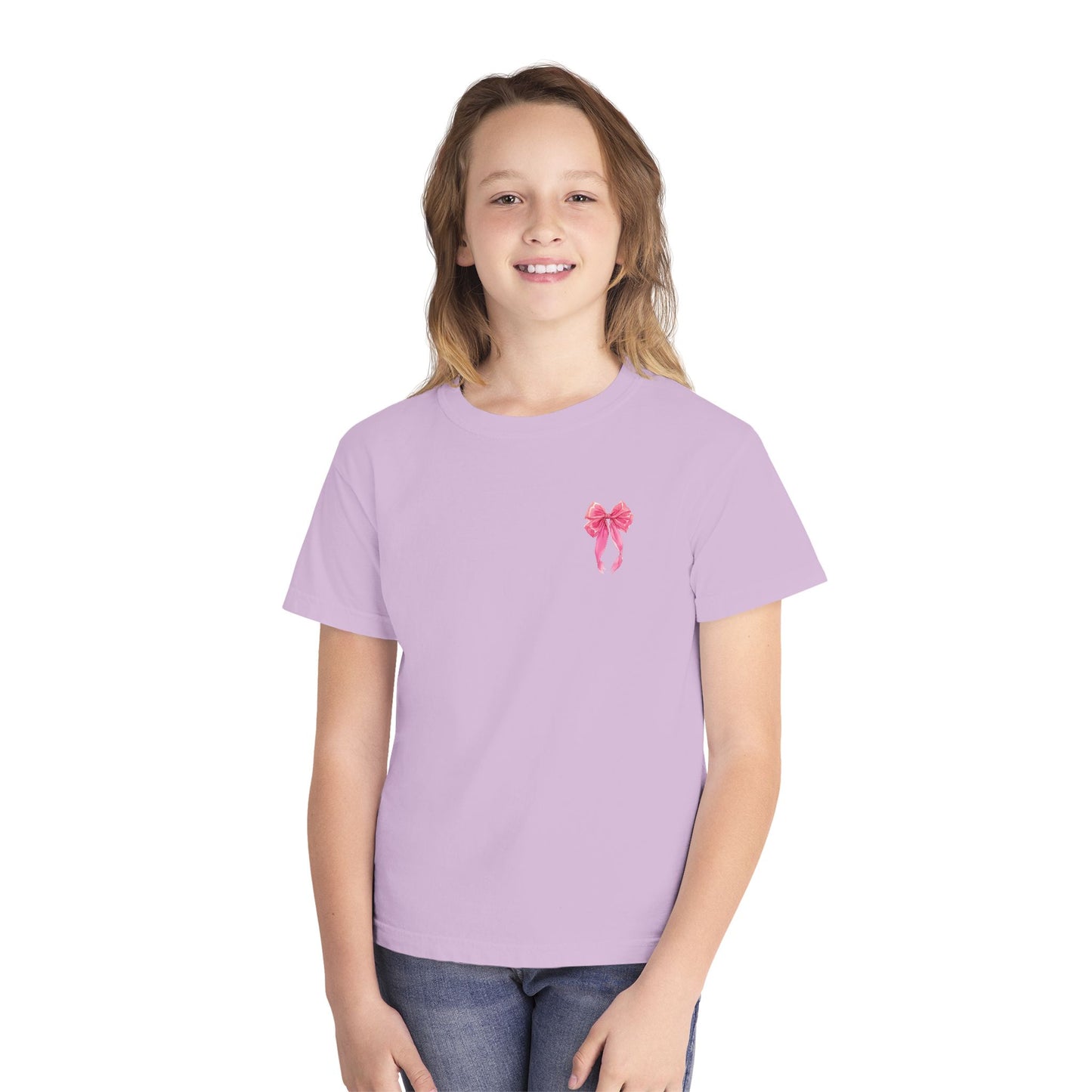 Youth Tee — "God Says I Am" Pink Bows Graphic