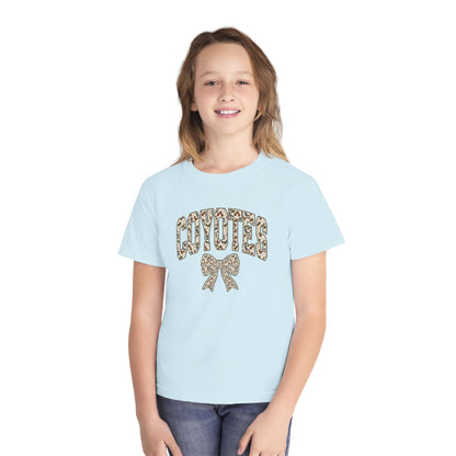 Youth Tee — 'Coyotes' Camo Print Cheer Shirt with Bow