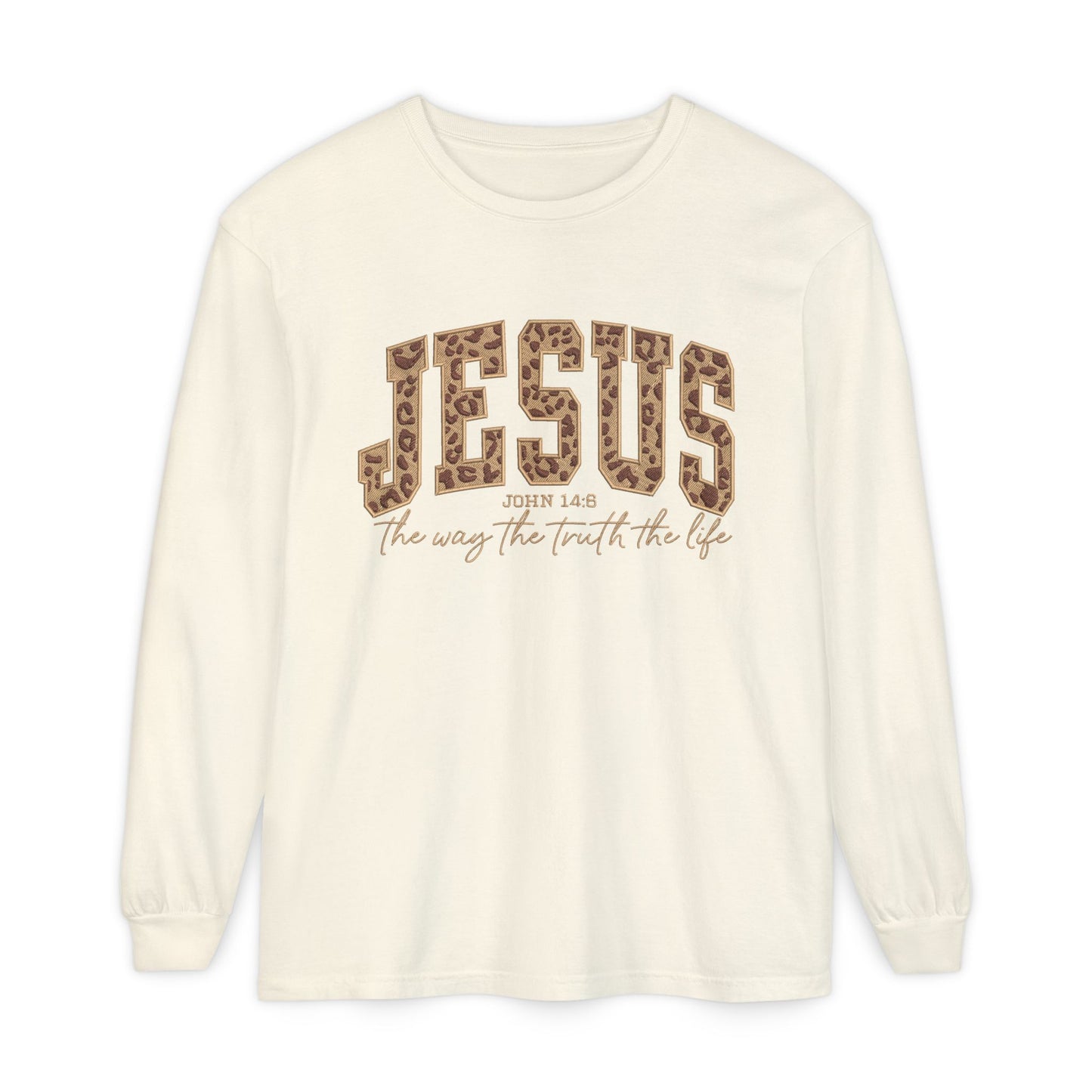Jesus Leopard Print Long Sleeve Tee — "The Way The Truth The Life" Faith Shirt