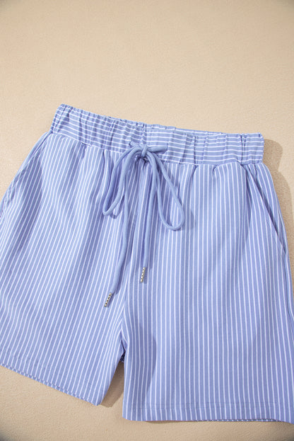 Sky Blue Stripe Dolman Sleeve Polo Shirt and Drawstring Shorts Set