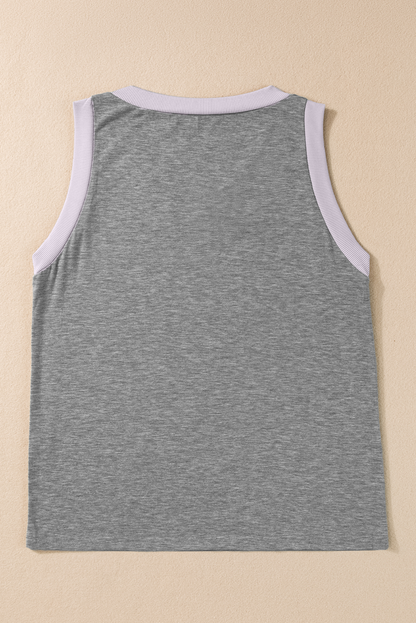 Gray Sequined Baseball Bat Graphic Ribbed Trim Casual Tank Top