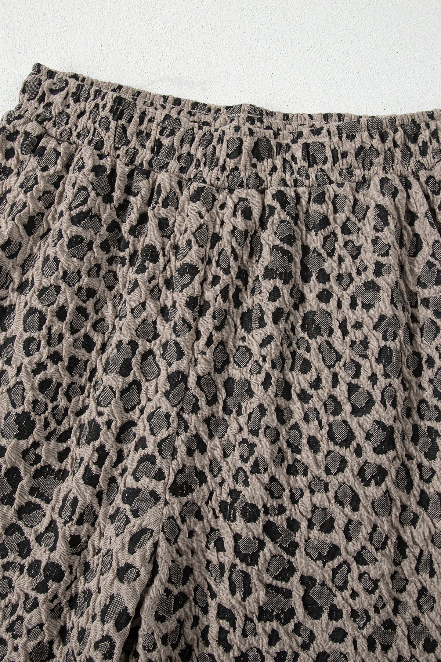 Khaki Jacquard Leopard Half Sleeve Jumper Wide Leg Pant Set