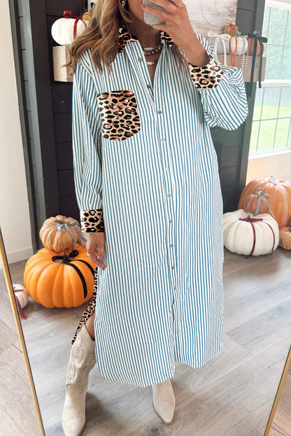 Sky Blue Stripe Contrast Leopard Patchwork Long Shirt Dress with Slits