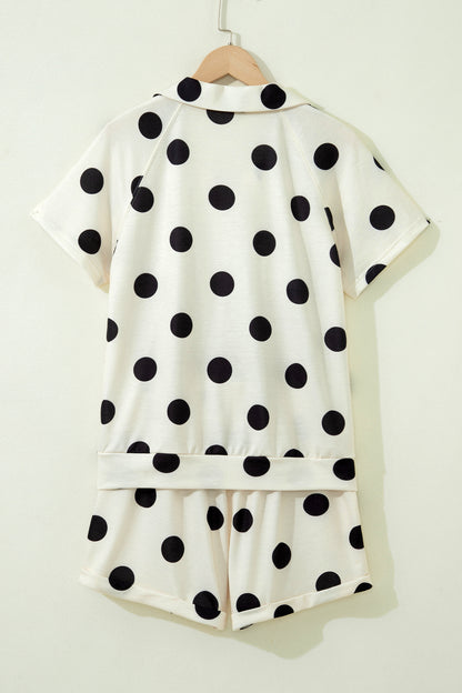 Pink Polka Dot Print V Neck Tee Short Set
