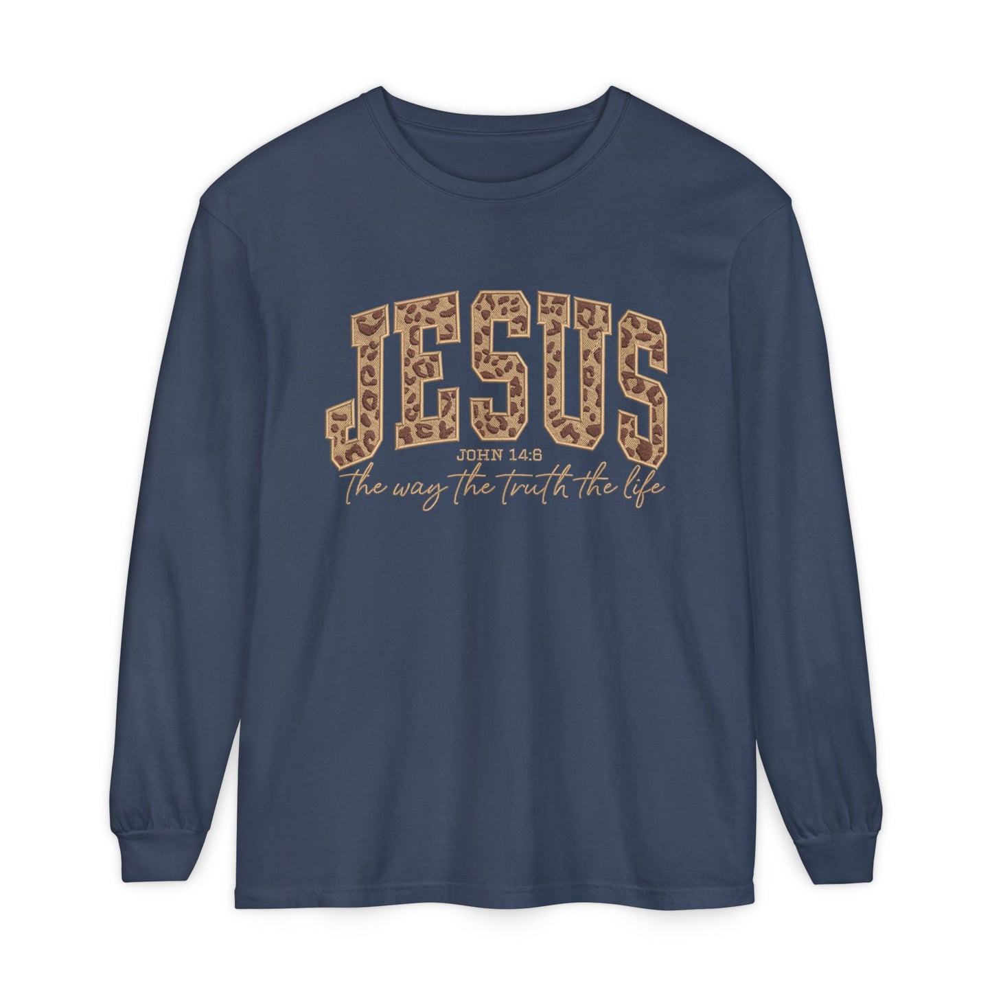 Jesus Leopard Print Long Sleeve Tee — "The Way The Truth The Life" Faith Shirt