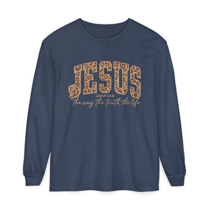 Jesus Leopard Print Long Sleeve Tee — "The Way The Truth The Life" Faith Shirt