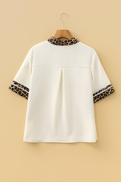Jet Stream Leopard Patchwork Trim Split Neck Short Sleeve Blouse