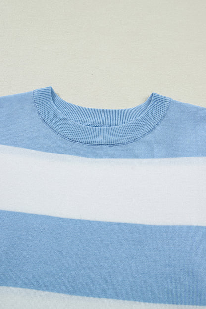 Sky Blue Stripe Colorblock Striped Knitted T shirt