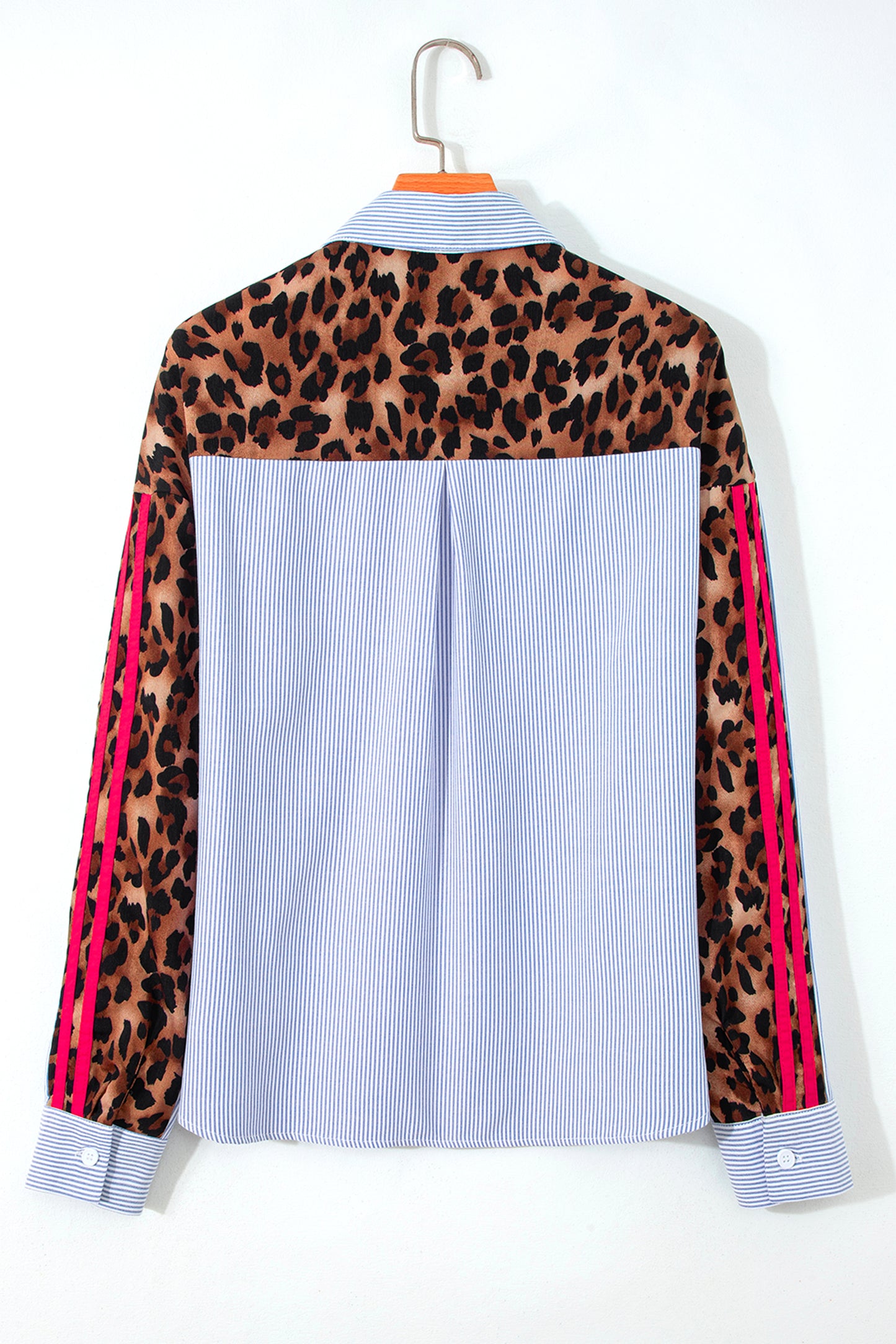 Sky Blue Stripe Contrasted Varsity Stripe Leopard Patchwork Button Down Shirt