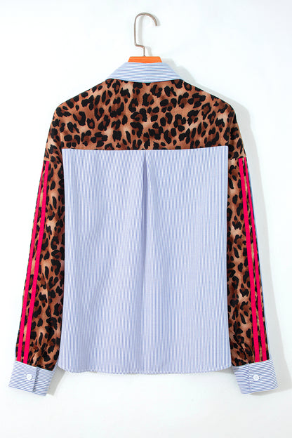 Sky Blue Stripe Contrasted Varsity Stripe Leopard Patchwork Button Down Shirt