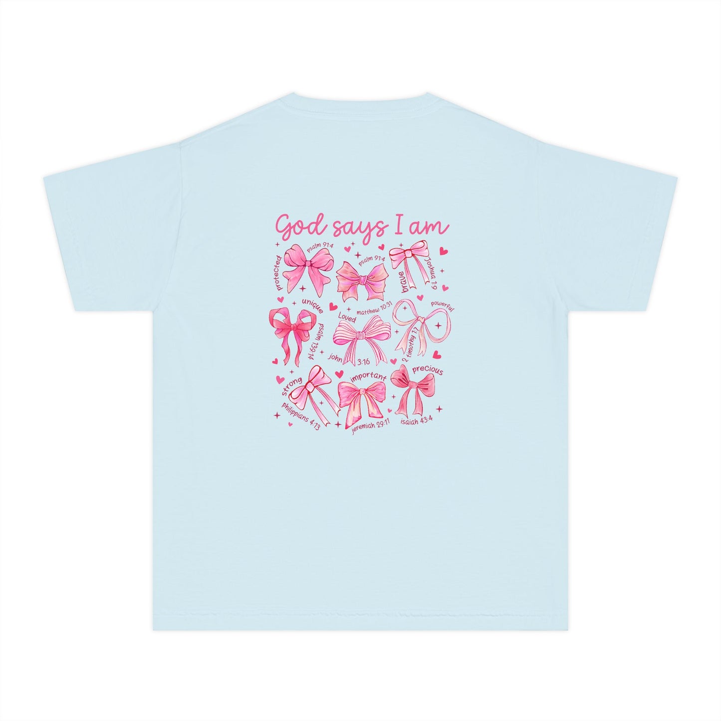 Youth Tee — "God Says I Am" Pink Bows Graphic