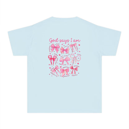 Youth Tee — "God Says I Am" Pink Bows Graphic