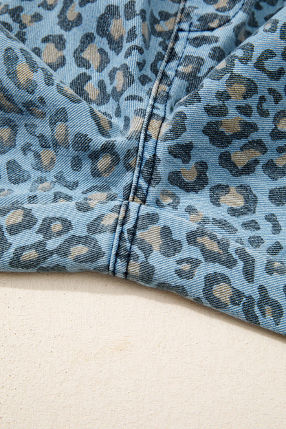Blue Leopard Print Exposed Seam Detail Wide Leg Drawstring Jeans