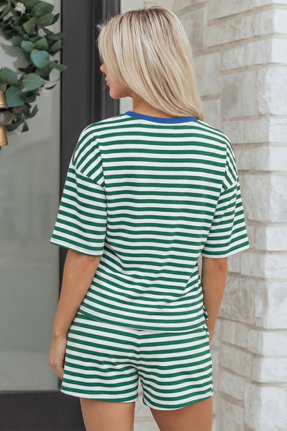 Green Stripe Drop Shoulder Boxy Casual Terry Short Set