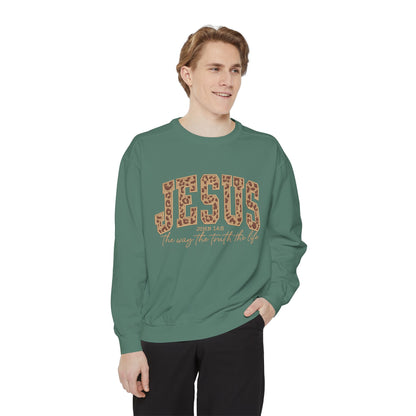 Jesus Leopard Print Sweatshirt — "Jesus: The Way, The Truth, The Life" Christian Crewneck