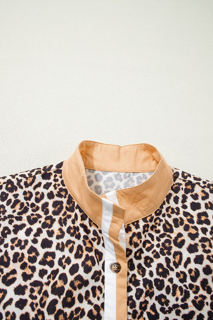 Khaki Button Striped Collar Leopard Print Long Sleeve Flared Dress