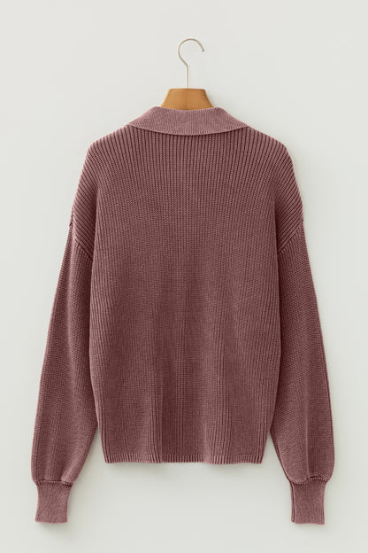 Dark Brown Mineral Washed Knit Button Polo Collar Loose Sweater