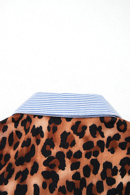 Sky Blue Stripe Contrasted Varsity Stripe Leopard Patchwork Button Down Shirt