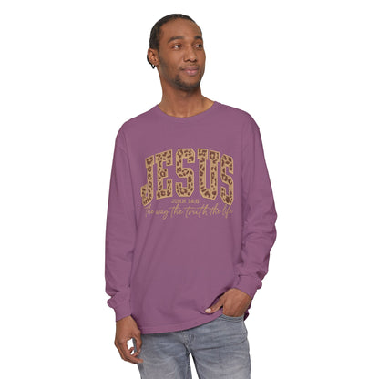 Jesus Leopard Print Long Sleeve Tee — "The Way The Truth The Life" Faith Shirt