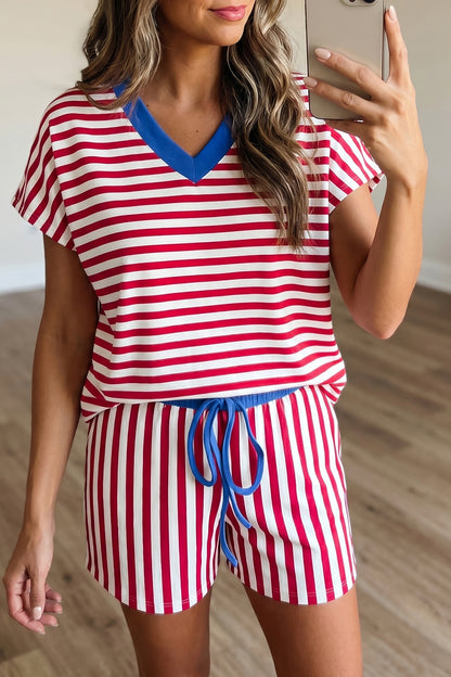 Red Stripe Colorblock Trim V Neck Tee Drawstring Elastic Waist Short Set