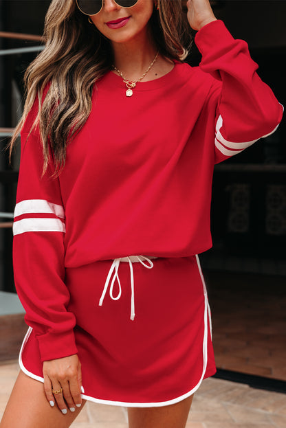 Fiery Red Varsity Stripe Detail Drop Shoulder Pullover Mini Skirt Set
