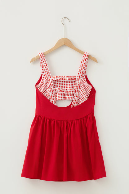 Racing Red Faux Two Piece Gingham Contrast Patchwork Loose Mini Dress