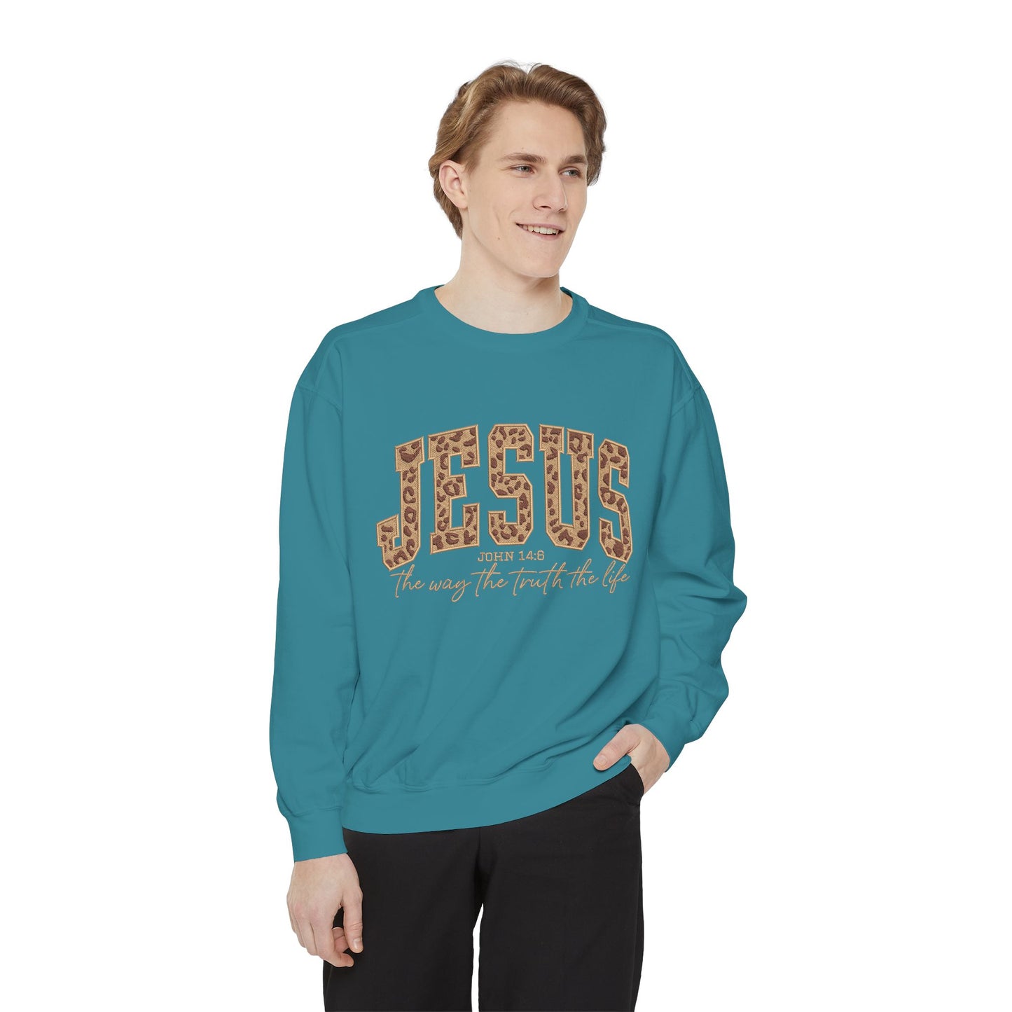 Jesus Leopard Print Sweatshirt — "Jesus: The Way, The Truth, The Life" Christian Crewneck
