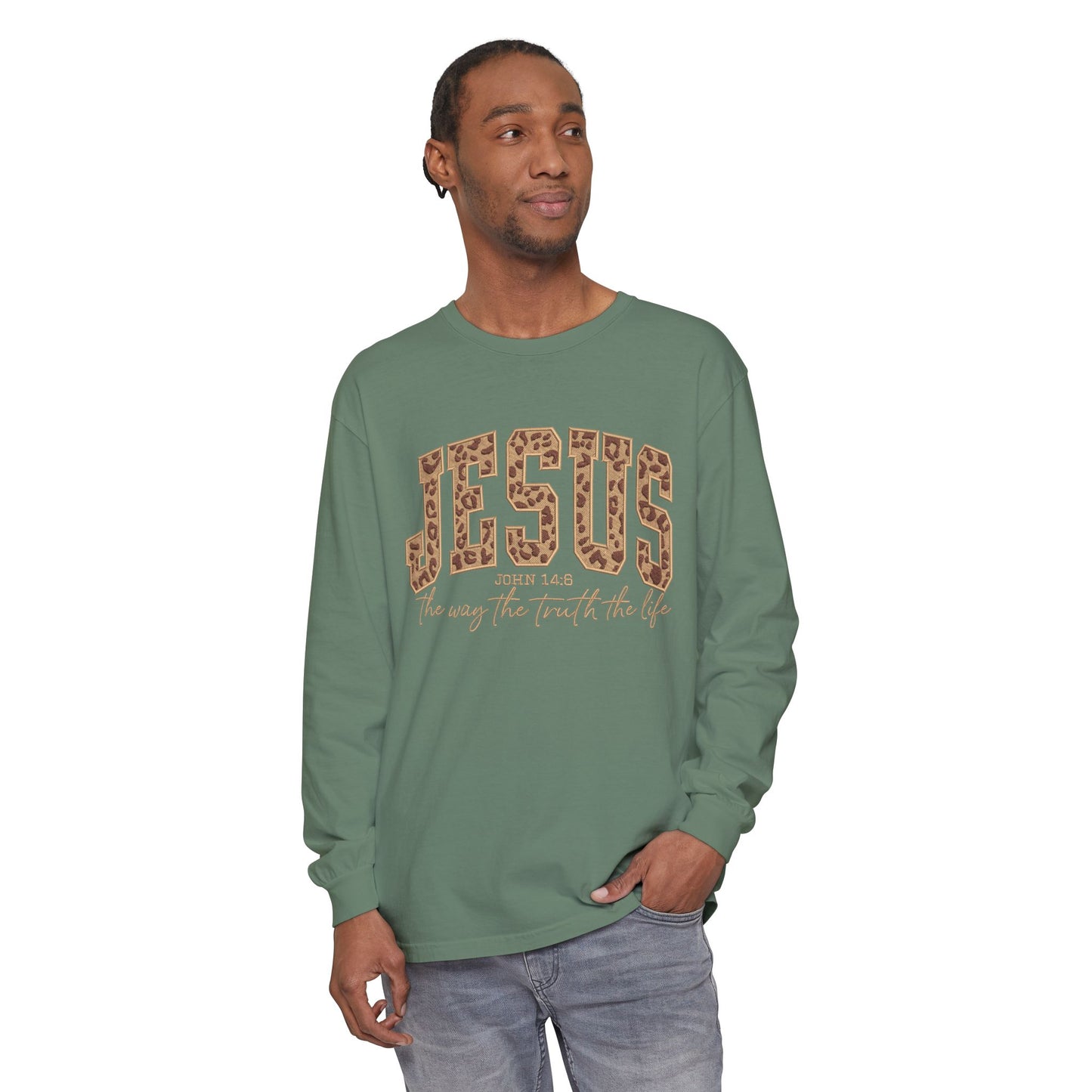 Jesus Leopard Print Long Sleeve Tee — "The Way The Truth The Life" Faith Shirt