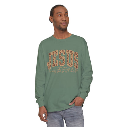 Jesus Leopard Print Long Sleeve Tee — "The Way The Truth The Life" Faith Shirt