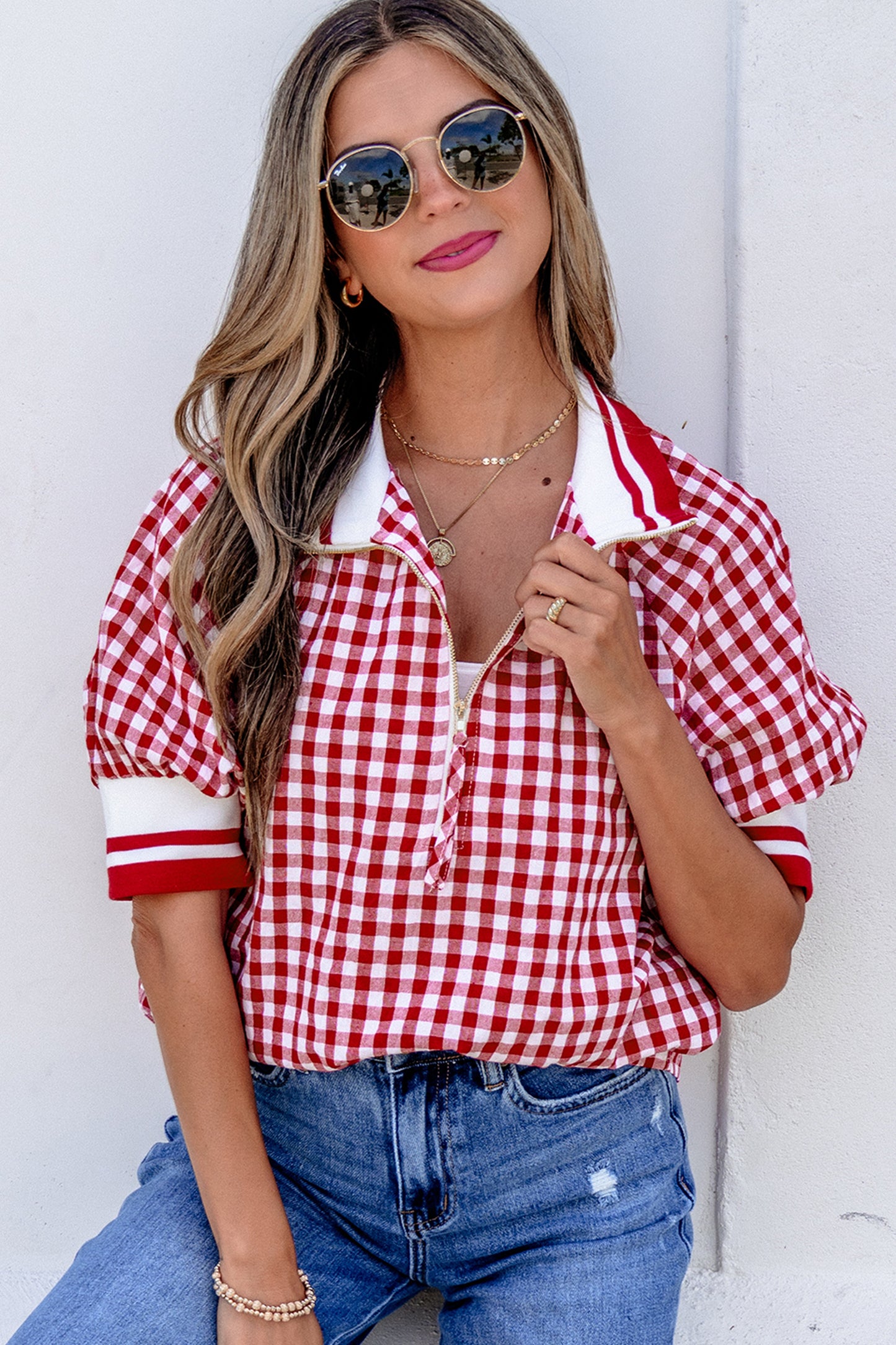 Red Gingham Striped Patchwork Half Zip Blouse