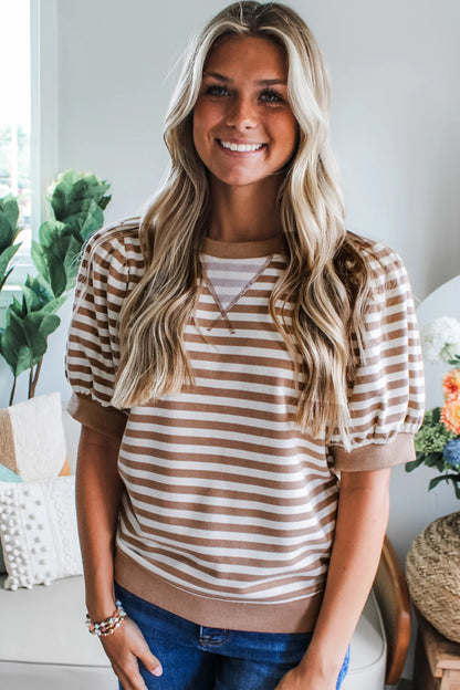 Orange Stripe Short Bubble Sleeve T Shirt