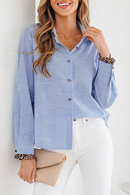 Sky Blue Stripe Contrast Frilled Leopard Trim Casual Long Sleeve Shirt