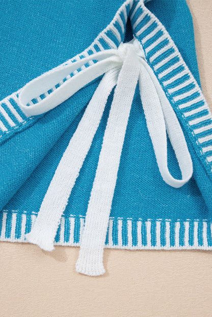 Blue Contrast Stitch Trim Knot Side Mock Neck Sweater Vest