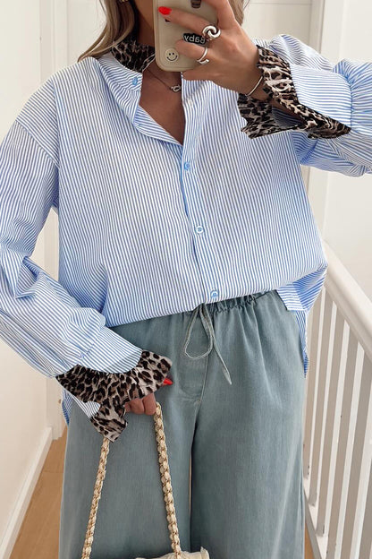 Sky Blue Stripe Ruffled Leopard Patchwork Long Sleeve Button Down Loose Shirt