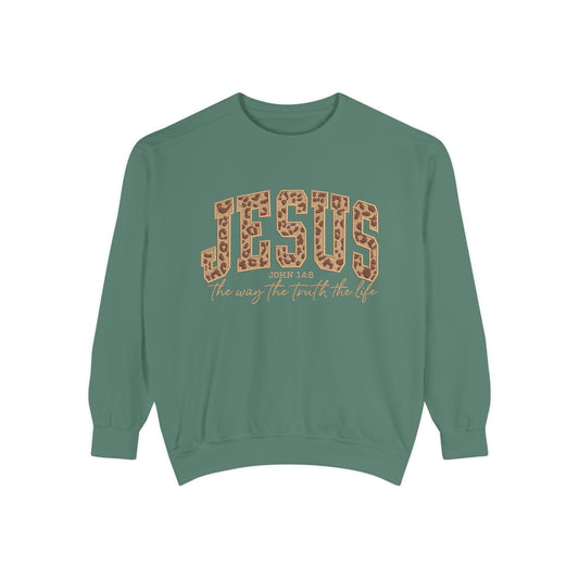 Jesus Leopard Print Sweatshirt — "Jesus: The Way, The Truth, The Life" Christian Crewneck